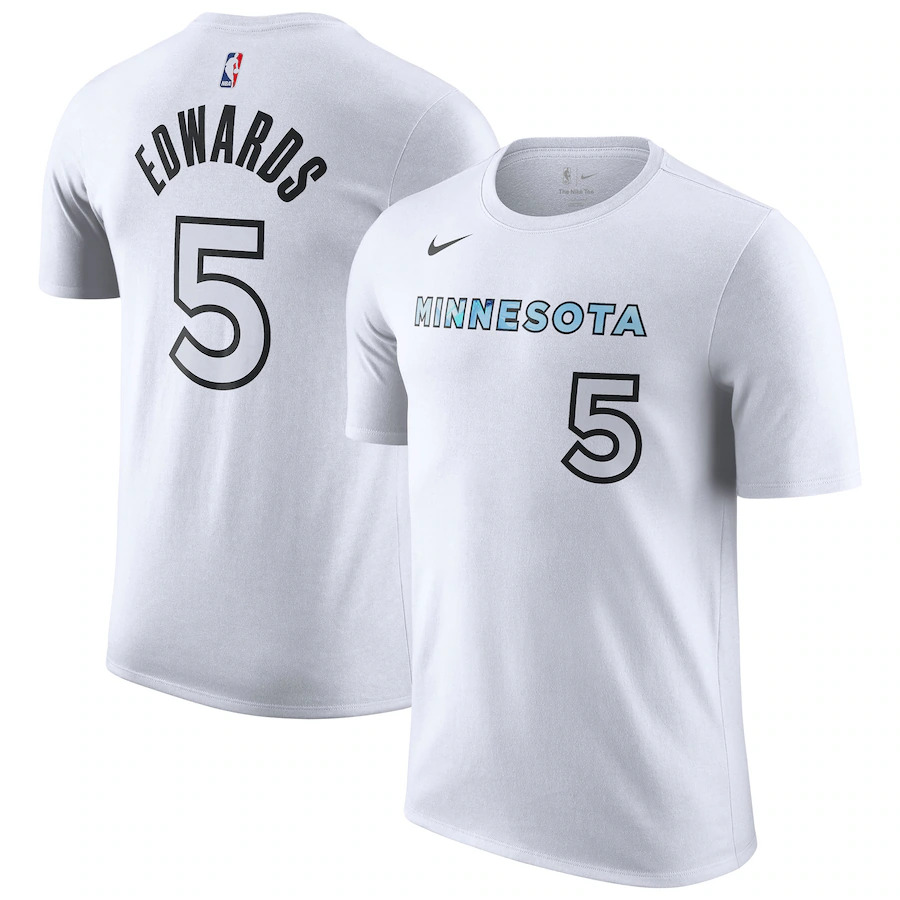 Men's Minnesota Timberwolves #5 Anthony Edwards White 2024/25 City Edition Name & Number T-Shirt Men's Minnesota Timberwolves #5 Anthony Edwards White 2024/25 City Edition Name & Number T-Shirt